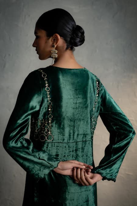 Shop Charkhee Green Velvet, Organza Embroidery, Sequins, Metallic Circular Kurta Palazzo Set Online at Aza Fashions Shop_Charkhee_Green Velvet, Organza Embroidery, Sequins, Metallic Circular Kurta Palazzo Set _Online_at_Aza_Fashions