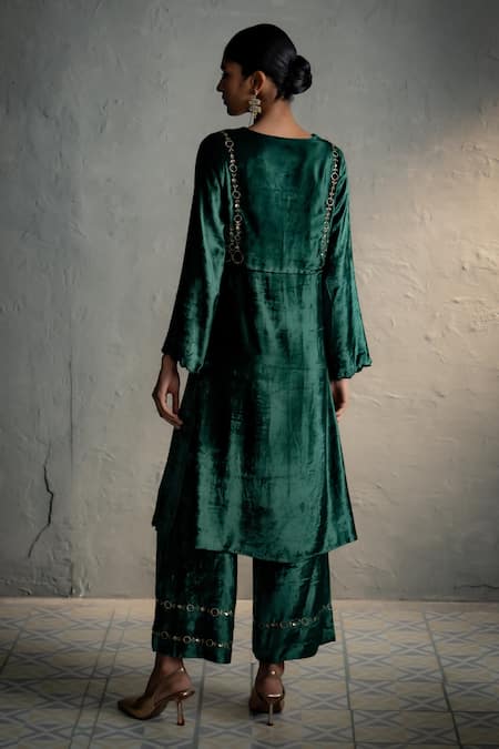 Shop Charkhee Green Velvet, Organza Embroidery, Sequins, Metallic Circular Kurta Palazzo Set at Aza Fashions Shop_Charkhee_Green Velvet, Organza Embroidery, Sequins, Metallic Circular Kurta Palazzo Set _at_Aza_Fashions
