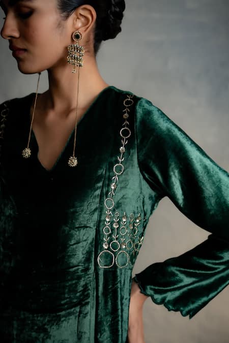 Charkhee Green Velvet, Organza Embroidery, Sequins, Metallic Circular Kurta Palazzo Set at Aza Fashions Charkhee_Green Velvet, Organza Embroidery, Sequins, Metallic Circular Kurta Palazzo Set _at_Aza_Fashions