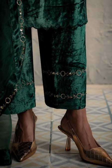Shop Charkhee Green Velvet, Organza Embroidery, Sequins, Metallic Circular Kurta Palazzo Set Shop_Charkhee_Green Velvet, Organza Embroidery, Sequins, Metallic Circular Kurta Palazzo Set