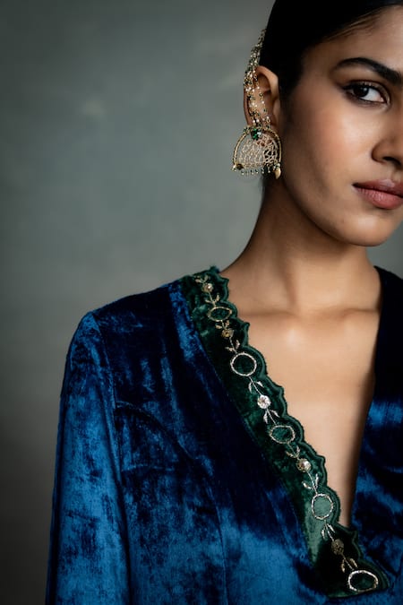 Shop_Charkhee_Blue Velvet Embroidery, Sequins V-neck Placed Kurta Set _Online_at_Aza_Fashions