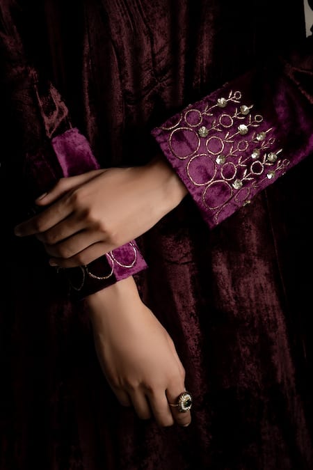 Charkhee Brown Velvet Embroidery, Sequins Split V-neck Placed Kurta Set Online at Aza Fashions Charkhee_Brown Velvet Embroidery, Sequins Split V-neck Placed Kurta Set _Online_at_Aza_Fashions