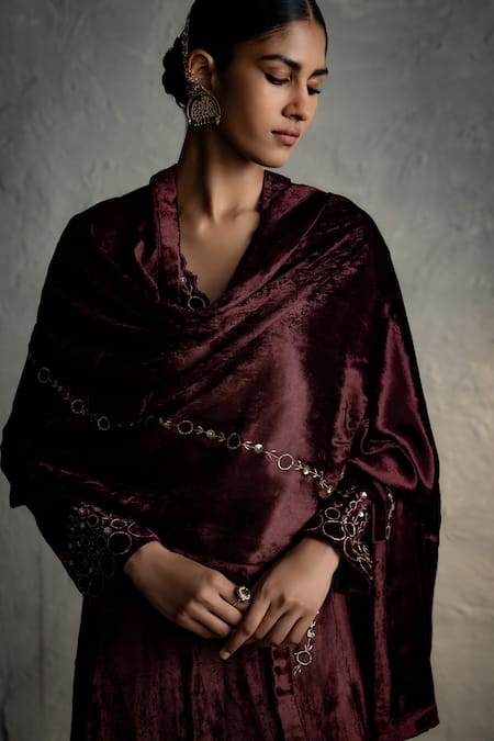 Buy Charkhee Brown Velvet Embroidery, Sequins Split V-neck Placed Kurta Set Online at Aza Fashions Buy_Charkhee_Brown Velvet Embroidery, Sequins Split V-neck Placed Kurta Set _Online_at_Aza_Fashions