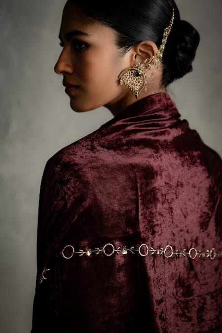 Shop Charkhee Brown Velvet Embroidery, Sequins Split V-neck Placed Kurta Set Online at Aza Fashions Shop_Charkhee_Brown Velvet Embroidery, Sequins Split V-neck Placed Kurta Set _Online_at_Aza_Fashions