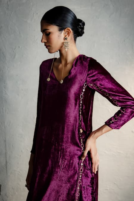Charkhee_Pink Velvet, Organza Embroidery, Sequins Split V-neck Placed Kurta Palazzo Set _at_Aza_Fashions