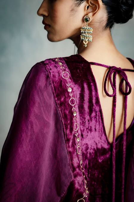 Shop_Charkhee_Pink Velvet, Organza Embroidery, Sequins Split V-neck Placed Kurta Palazzo Set 