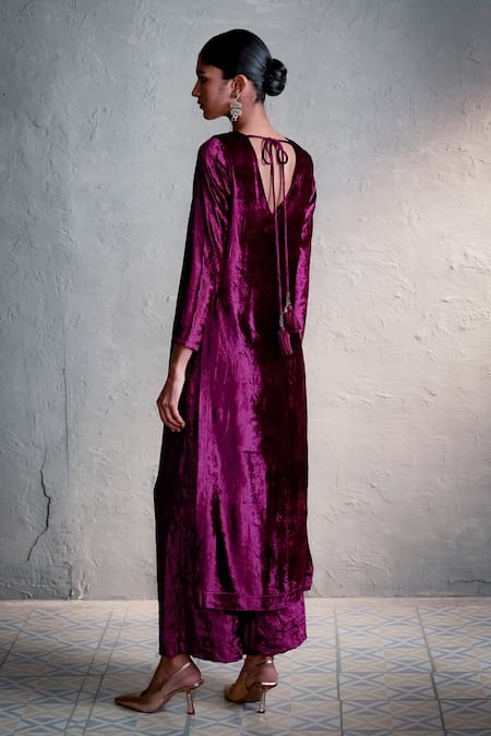 Charkhee Placed Embroidered Velvet Kurta Palazzo Set 