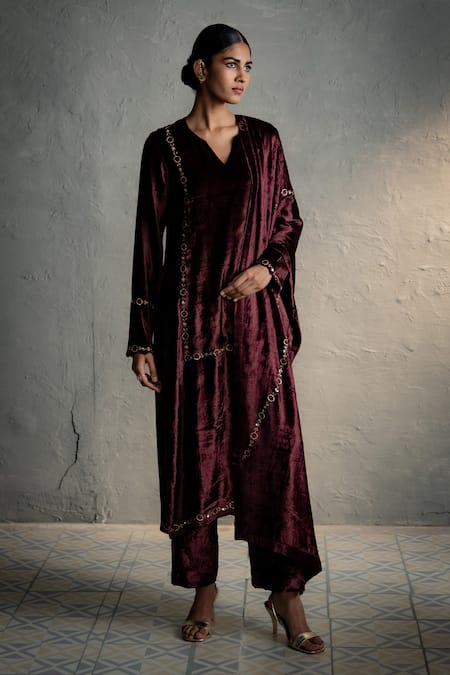 Shop_Charkhee_Brown Velvet Embroidery Split V-neck Circular Placed Kurta Set _Online_at_Aza_Fashions