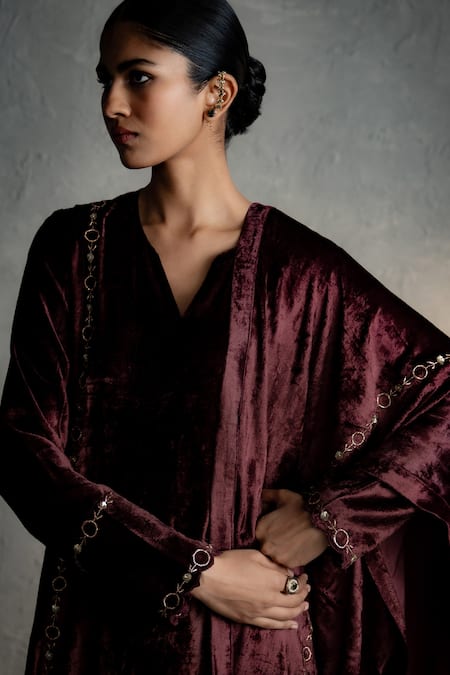 Charkhee_Brown Velvet Embroidery Split V-neck Circular Placed Kurta Set _at_Aza_Fashions