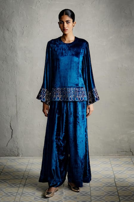 Charkhee Embroidered Velvet Top & Palazzo Co-ord Set 