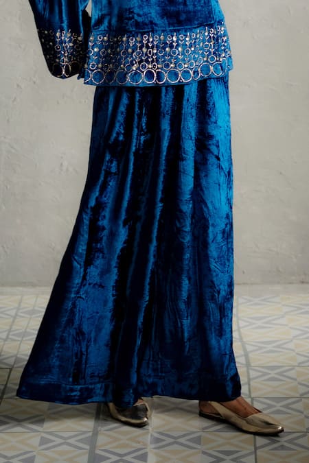 Charkhee_Blue Velvet Embroidery, Sequins Round Neck Top And Palazzo Co-ord Set _Online_at_Aza_Fashions