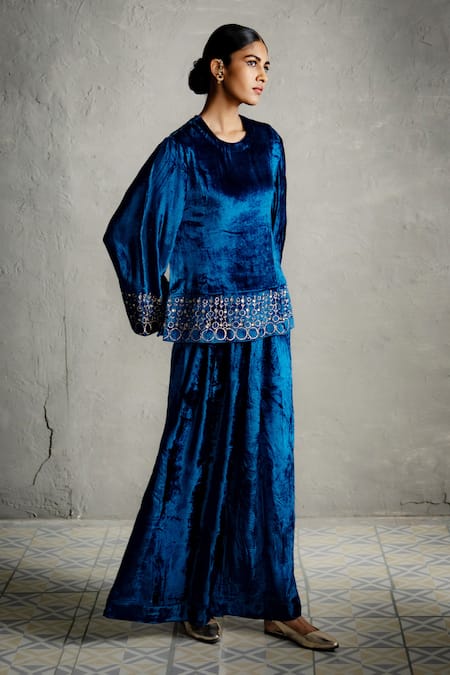 Buy_Charkhee_Blue Velvet Embroidery, Sequins Round Neck Top And Palazzo Co-ord Set _Online_at_Aza_Fashions