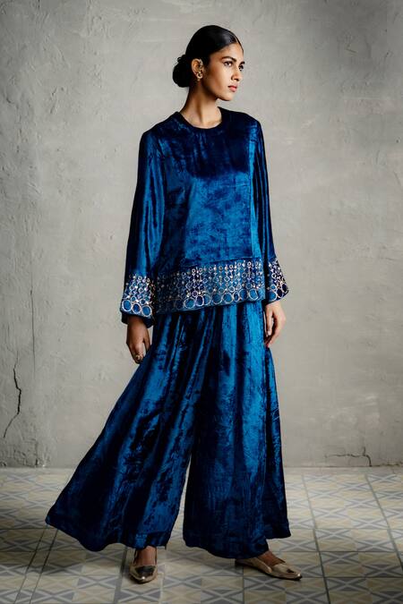 Shop_Charkhee_Blue Velvet Embroidery, Sequins Round Neck Top And Palazzo Co-ord Set _Online_at_Aza_Fashions