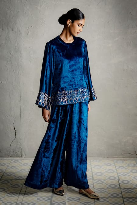 Buy_Charkhee_Blue Velvet Embroidery, Sequins Round Neck Top And Palazzo Co-ord Set 