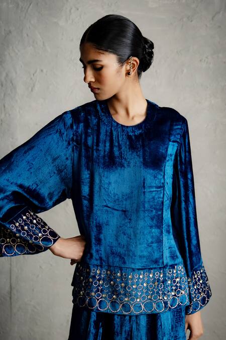 Shop_Charkhee_Blue Velvet Embroidery, Sequins Round Neck Top And Palazzo Co-ord Set 