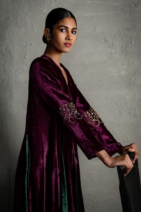 Charkhee_Purple Velvet Embroidery V-neck Contrast Kalis Wrap Maxi Dress _Online_at_Aza_Fashions
