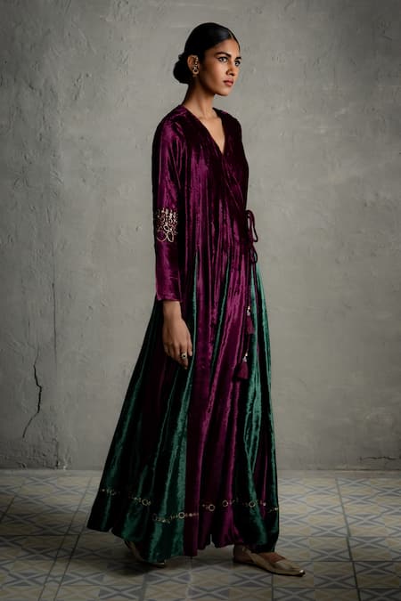Buy_Charkhee_Purple Velvet Embroidery V-neck Contrast Kalis Wrap Maxi Dress _Online_at_Aza_Fashions