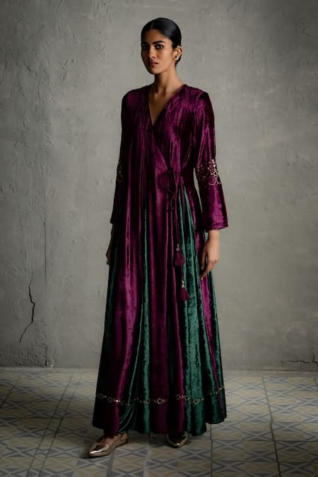 Shop_Charkhee_Purple Velvet Embroidery V-neck Contrast Kalis Wrap Maxi Dress _Online_at_Aza_Fashions