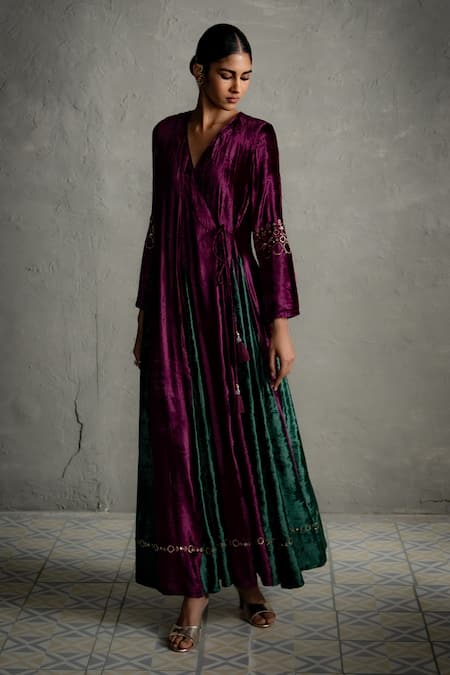 Charkhee_Purple Velvet Embroidery V-neck Contrast Kalis Wrap Maxi Dress _at_Aza_Fashions