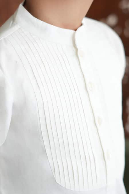 Tiber Taber_White Cotton Pintuck Detail Self Woven Kurta _at_Aza_Fashions
