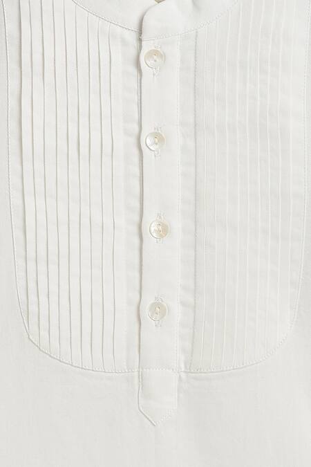 Shop_Tiber Taber_White Cotton Pintuck Detail Self Woven Kurta 