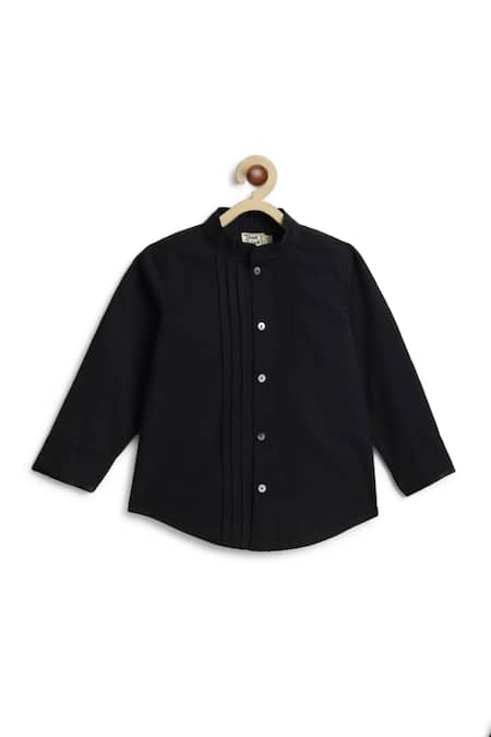 Tiber Taber_Black Cotton Pintuck Detail Band Collar Shirt _Online_at_Aza_Fashions
