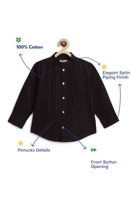 Shop_Tiber Taber_Black Cotton Pintuck Detail Band Collar Shirt _Online_at_Aza_Fashions