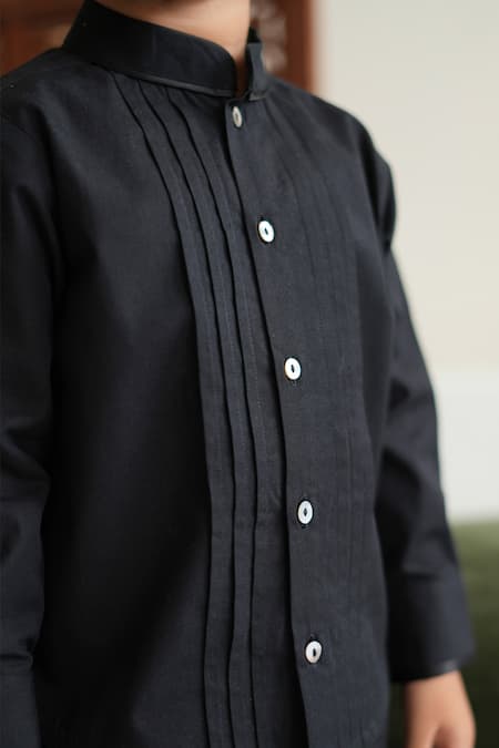 Tiber Taber_Black Cotton Pintuck Detail Band Collar Shirt _at_Aza_Fashions