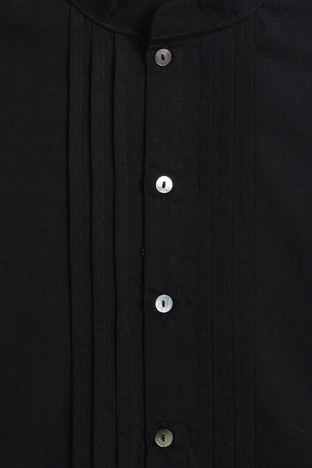 Buy_Tiber Taber_Black Cotton Pintuck Detail Band Collar Shirt 