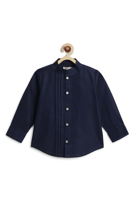 Buy_Tiber Taber_Navy Cotton Pintuck Detail Mandarin Collar Shirt _Online_at_Aza_Fashions