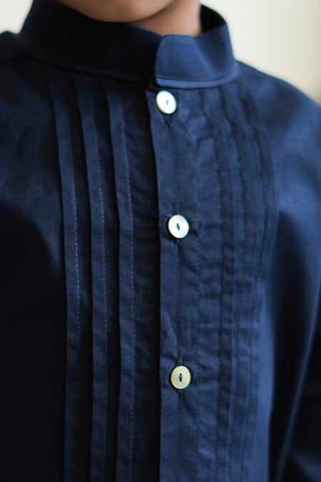Buy_Tiber Taber_Navy Cotton Pintuck Detail Mandarin Collar Shirt 