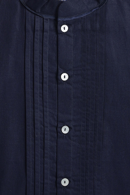 Shop_Tiber Taber_Navy Cotton Pintuck Detail Mandarin Collar Shirt 