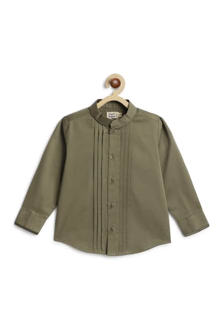Tiber Taber_Olive Green Cotton Pintuck Detail Band Collar Shirt _Online_at_Aza_Fashions