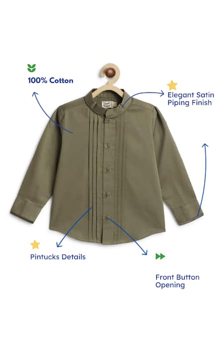 Shop_Tiber Taber_Olive Green Cotton Pintuck Detail Band Collar Shirt _Online_at_Aza_Fashions