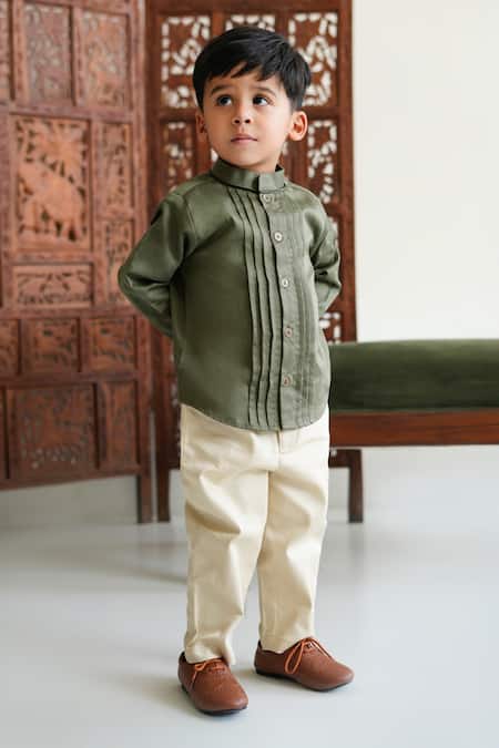 Tiber Taber_Olive Green Cotton Pintuck Detail Band Collar Shirt _at_Aza_Fashions