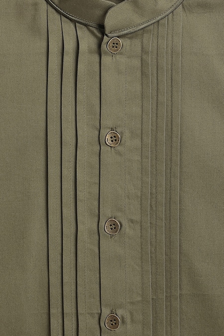 Shop_Tiber Taber_Olive Green Cotton Pintuck Detail Band Collar Shirt 