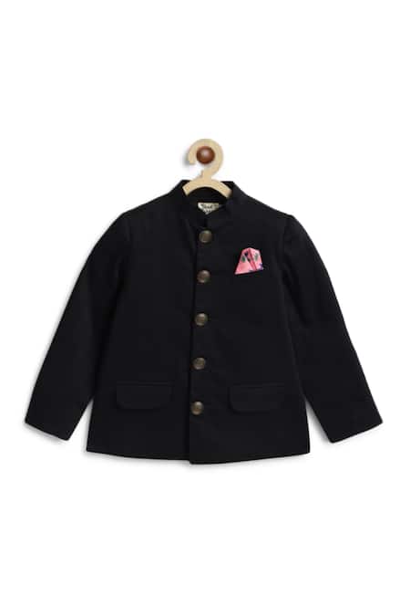 Tiber Taber_Black Cotton Bandhgala With Printed Pocket Square _Online_at_Aza_Fashions