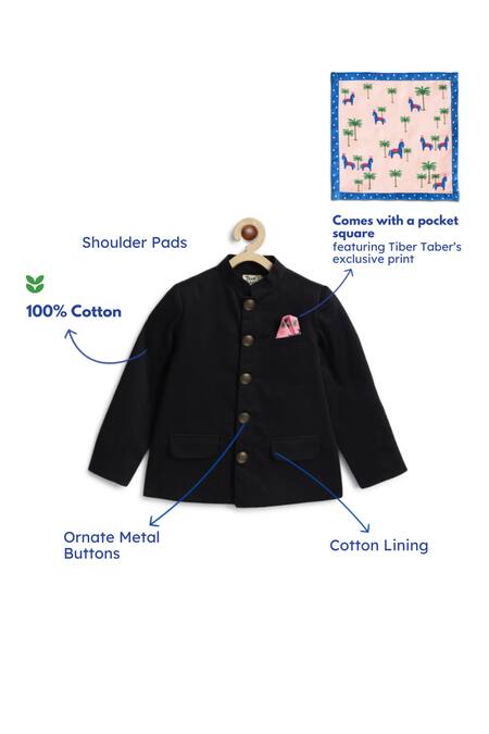 Tiber Taber_Black Cotton Bandhgala With Printed Pocket Square _at_Aza_Fashions