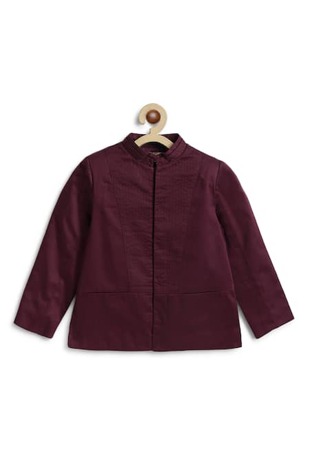 Tiber Taber_Maroon Cotton Pinstripes Yoke Detail Bandhgala _at_Aza_Fashions