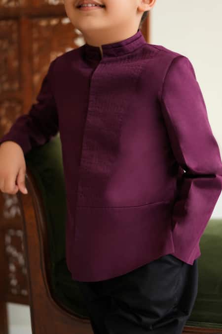 Buy_Tiber Taber_Maroon Cotton Pinstripes Yoke Detail Bandhgala 