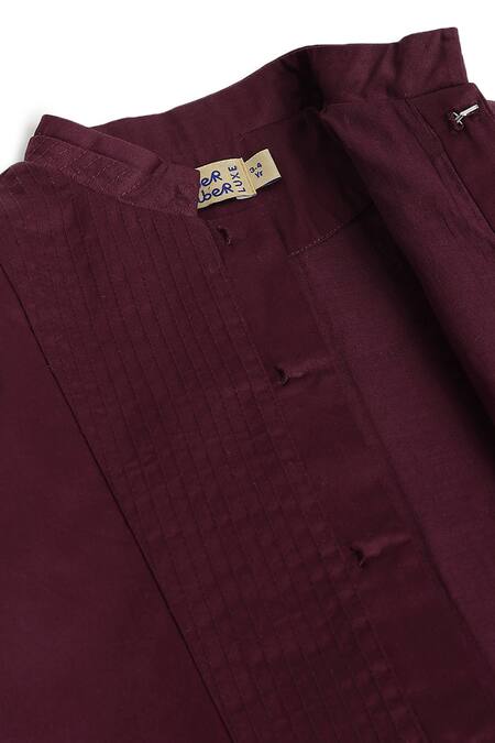 Shop_Tiber Taber_Maroon Cotton Pinstripes Yoke Detail Bandhgala 
