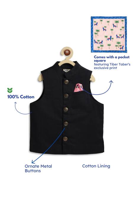 Buy_Tiber Taber_Black Cotton Studs Plain Bundi Jacket With Pocket Square _Online_at_Aza_Fashions