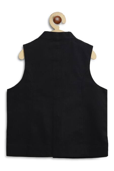 Shop_Tiber Taber_Black Cotton Studs Plain Bundi Jacket With Pocket Square _Online_at_Aza_Fashions