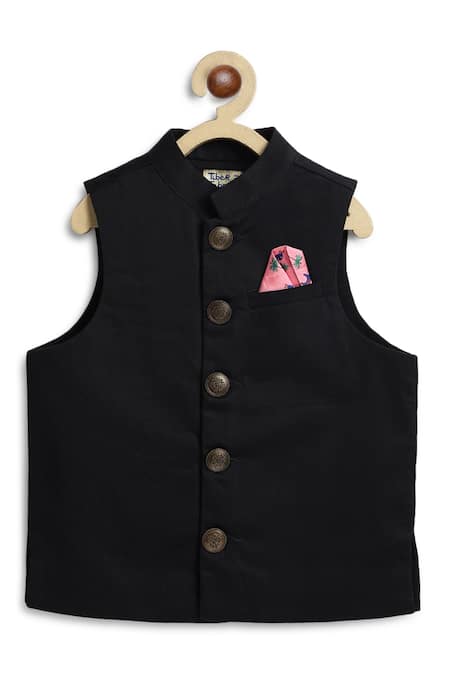 Tiber Taber_Black Cotton Studs Plain Bundi Jacket With Pocket Square _at_Aza_Fashions