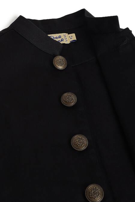 Shop_Tiber Taber_Black Cotton Studs Plain Bundi Jacket With Pocket Square 