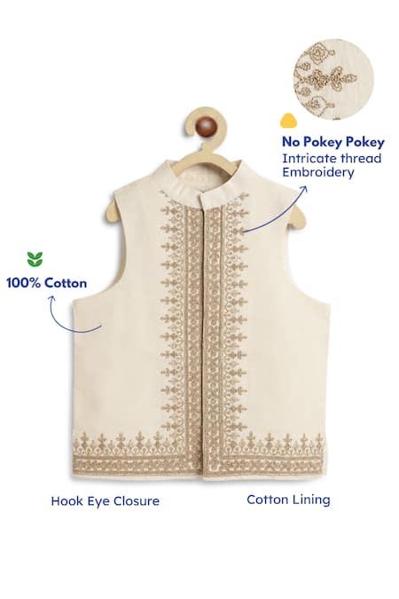 Shop_Tiber Taber_Cream Cotton Embroidery, Metallic Thread Bundi Jacket With Hook Eye Closure _Online_at_Aza_Fashions