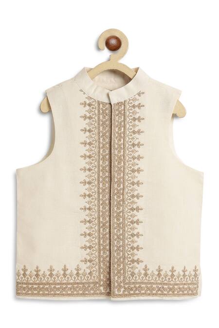 Tiber Taber_Cream Cotton Embroidery, Metallic Thread Bundi Jacket With Hook Eye Closure _at_Aza_Fashions