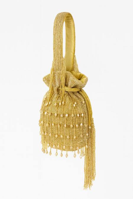 Tasna_Gold Stones, Beads, Tassels Embellished Potli Bag _Online_at_Aza_Fashions