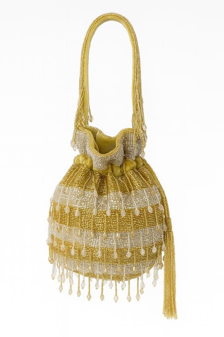 Tasna_Gold Stones, Beads, Tassels Embellished Potli Bag _Online_at_Aza_Fashions