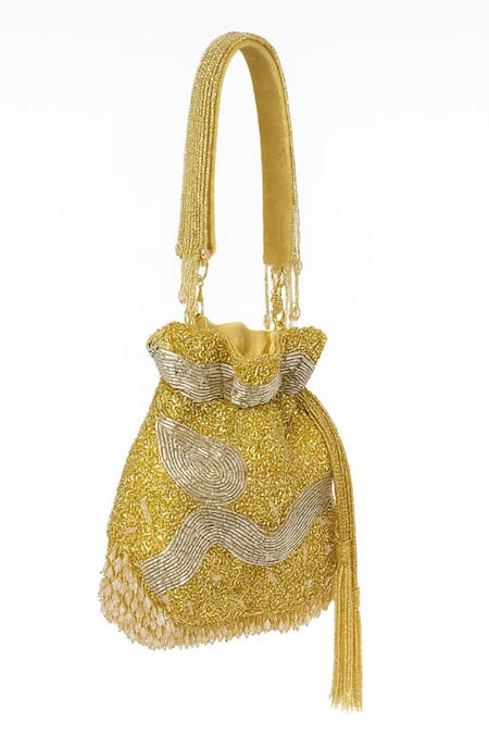 Tasna_Gold Stones, Beads, Tassels Embroidered Potli Bag _Online_at_Aza_Fashions